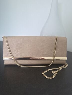 Diane Von Furstenberg Taupe Textured Clutch with Gold Chain
